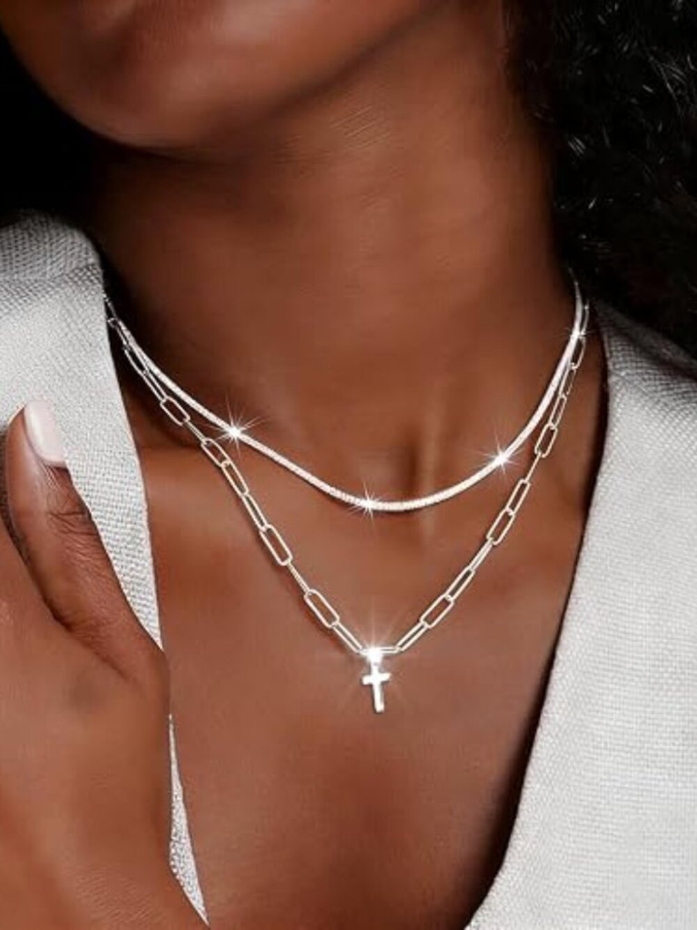 925 Sterling Silver Necklace for Women Layered Cross Paperclip Chain Necklaces D